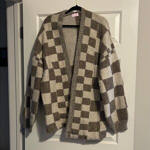 Pink Lily Brown and Cream Checkered Cardigan